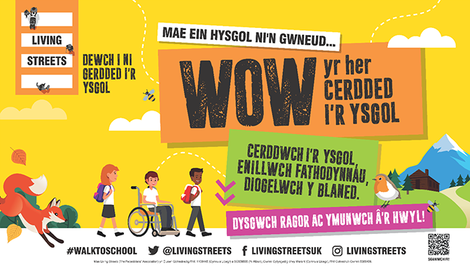 poster gwybodaeth WOW, yr Her Cerdded i'r Ysgol