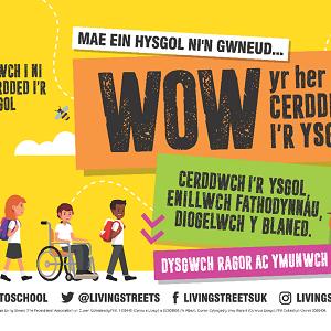 poster gwybodaeth WOW, yr Her Cerdded i'r Ysgol